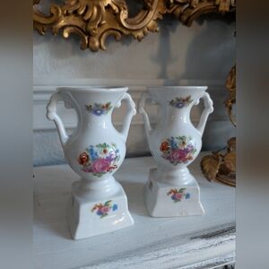 Vintage, Set of 2, Ceramic Floral Pedestal Vase w/ handles, Painted Roses